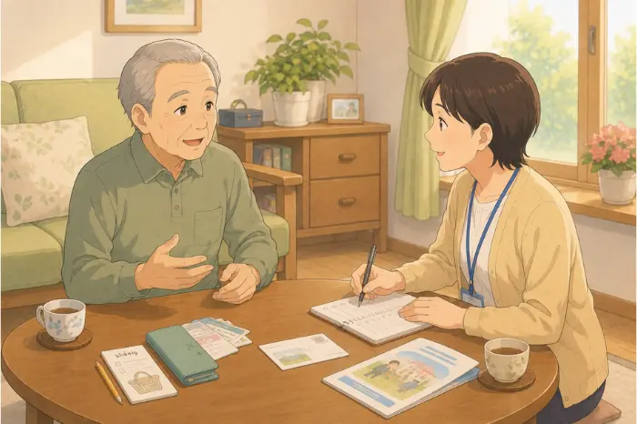 民生委員が身寄りのない高齢者の話を聞き、不安を整理して適切な相談窓口へつなぐ画像