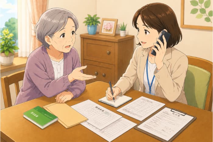 民生委員が身寄りのない高齢者から相談を受け、金銭や保証、契約などを個人で引き受けず専門窓口へつなぐ画像