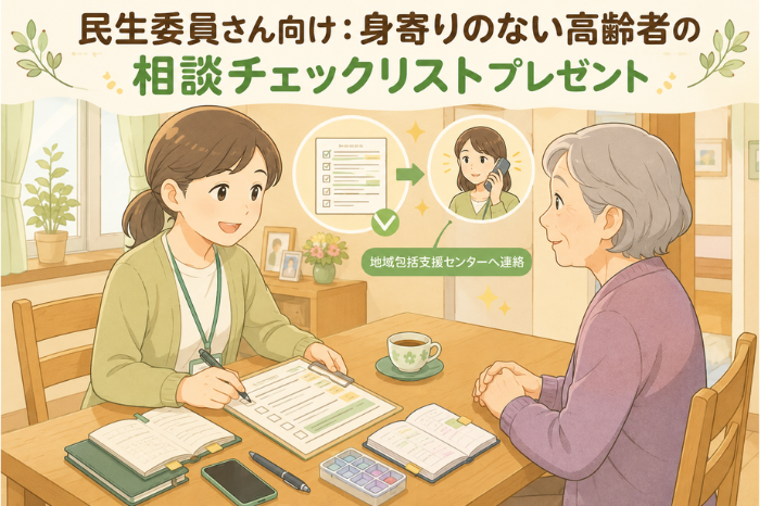 民生委員が身寄りのない高齢者の相談を受けた際に、生活状況や家族とのつながり、関係機関への相談内容を確認するチェックリストを案内する画像