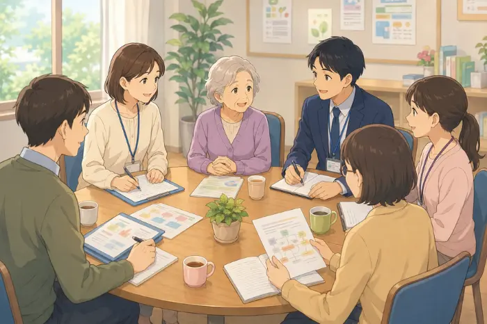 民生委員が身寄りのない高齢者の相談を整理し、地域包括支援センターや行政など必要な支援へつなぐ画像