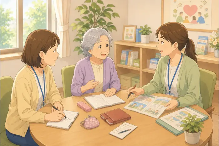 民生委員が身寄りのない高齢者から日常生活の支援や金銭管理、地域の見守りについて相談を受け、社会福祉協議会へつなぐ画像