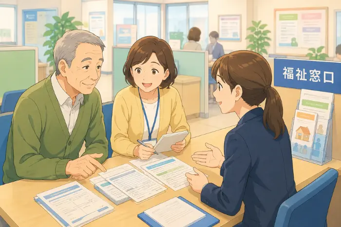 民生委員が身寄りのない高齢者から生活費や住まい、福祉制度の相談を受け、行政窓口へつなぐ画像