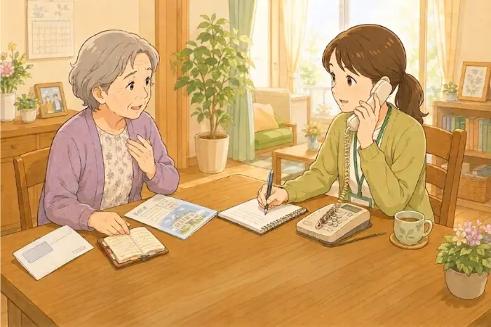 民生委員が身寄りのない高齢者の相談を受け、地域包括支援センターや行政などの関係機関へつなぐ流れを解説する画像