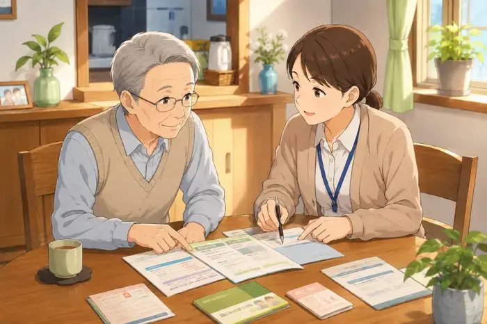 身寄りのない高齢者が日常生活自立支援事業を利用し、福祉サービスの手続きや日常的なお金の管理について支援を受ける流れを解説する画像