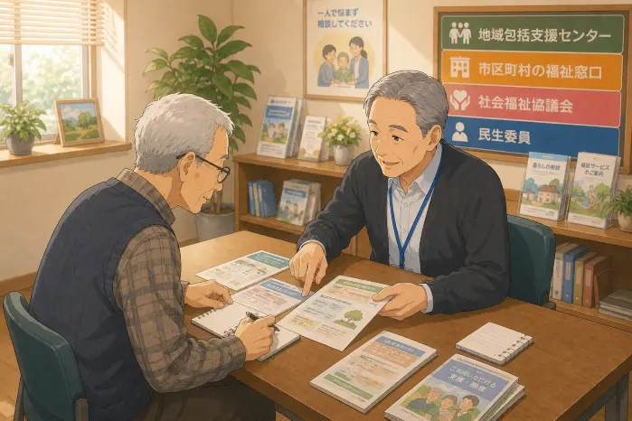親族が遠方に住んでいる場合や疎遠な場合でも、身寄りのない高齢者の支援制度について相談できることを伝える画像
