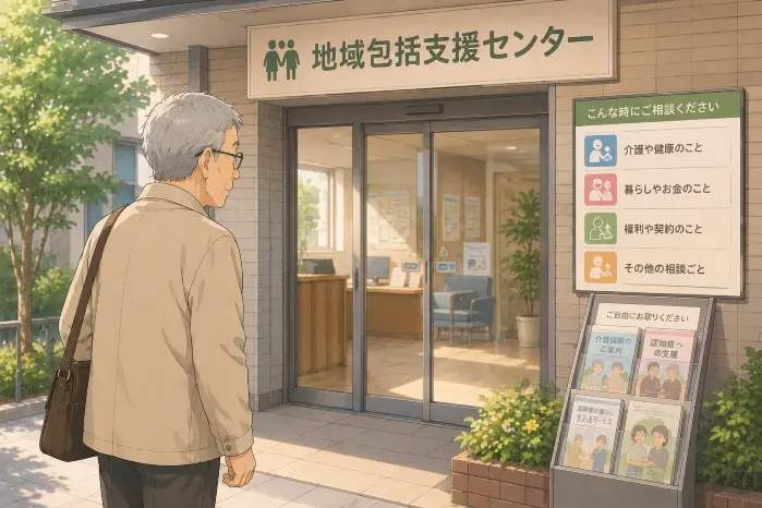 身寄りのない高齢者の支援制度について相談できる地域包括支援センター、市区町村の福祉窓口、社会福祉協議会、民生委員を紹介する画像