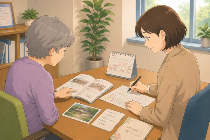 いきいきつながる会が身寄りのない高齢者の支援制度に関する相談で、生活状況や家族に頼めること、入院・施設入所の予定、将来の希望を確認する画像