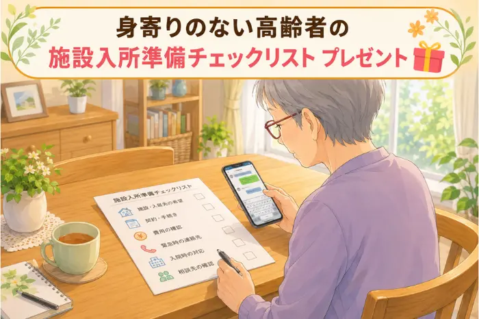 身寄りのない高齢者の施設入所に必要な契約や費用、緊急時対応を確認できる準備チェックリストの画像