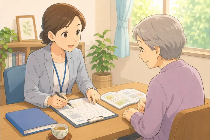 身寄りのない高齢者の日常生活自立支援事業の相談先や、社会福祉協議会への相談から契約までの流れを説明する画像