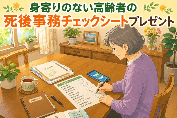 寄りのない高齢者の死後事務に必要な緊急連絡先、支払い、葬儀、納骨、契約解約、遺品整理などを確認できるチェックシートの画像