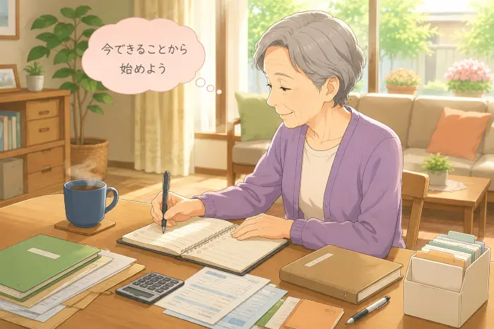 身寄りのない高齢者の死後事務について、本人が希望を伝えられるうちに必要な準備を書き出す大切さを解説する画像
