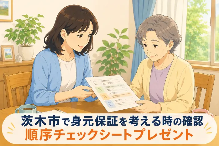 高齢者が家族から受け取った簡略チェックシートを確認して病院や施設に聞くべき項目を整理する茨木市 身元保証の場面画像