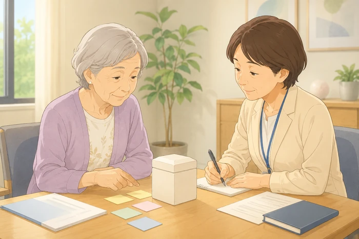 小さな納骨容器の箱を前に遺骨の受け取りや保管の方法を相談する70代女性と支援者の画像
