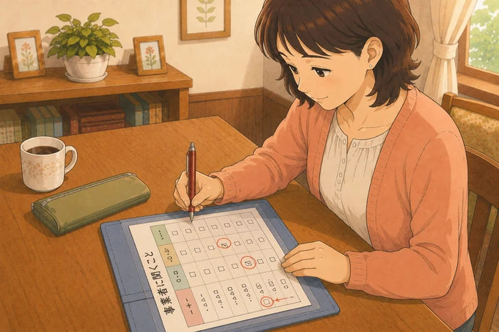 中年の女性が事業者へ尋ねるための質問リストに『地域名』『電話・訪問・手続き』を分けて書き込んでいる画像