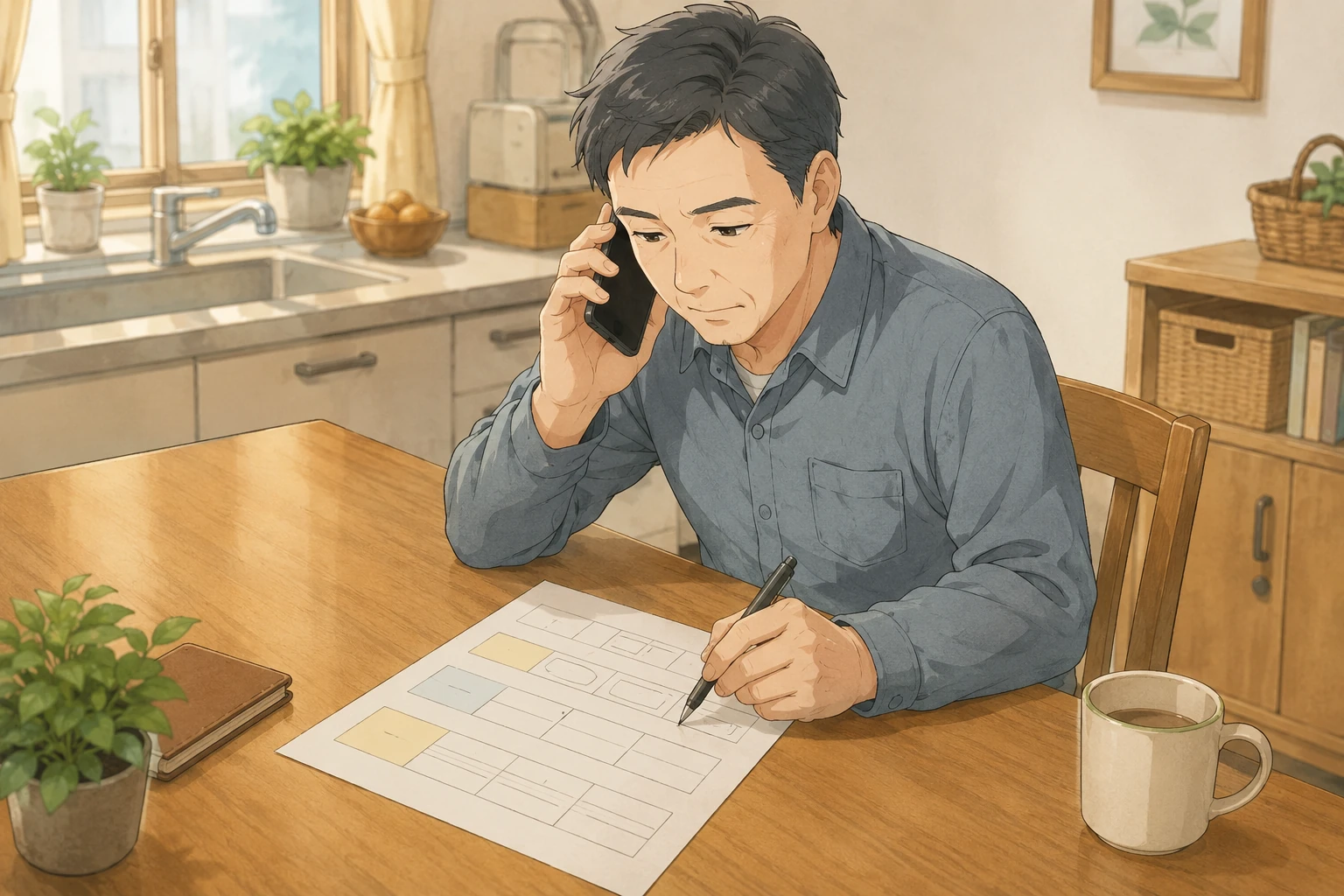 身元保証事業者に頼む前に、電話をしながら具体的に頼みたい対応をメモしている家族の画像