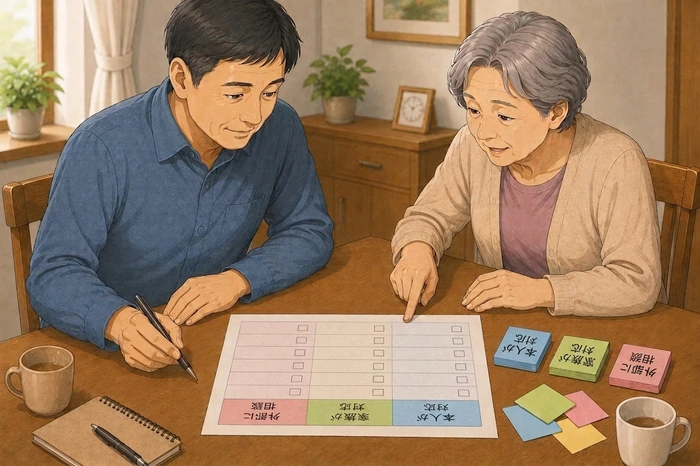 家族と高齢者が病院から示された項目を前に『何が求められているか』を確認している様子の画像