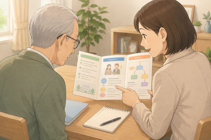 70代の高齢者が支援制度に関する概要を示す抽象的なパンフレットを支援者と一緒に見ながら説明を受けている画像
