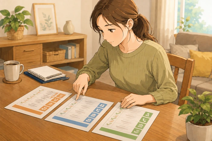 テーブルで家族が複数の簡易パンフレットを並べて対応範囲や預託金の管理方法を比較している枚方市身元保証サービスの画像