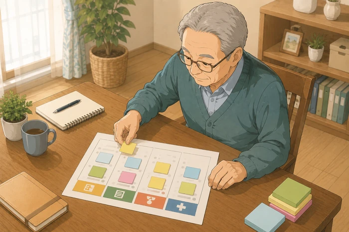 70代の高齢者が生活・入院・手続きなどの項目が書かれた簡易リストを前に、項目に付箋を貼って比較している様子を示す画像
