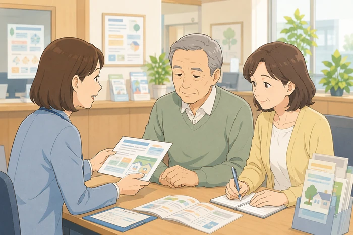 地域包括支援センターの窓口で、相談員から地域の相談先や生活支援の案内(抽象化された資料)を受ける高齢の夫婦と中年の娘の画像