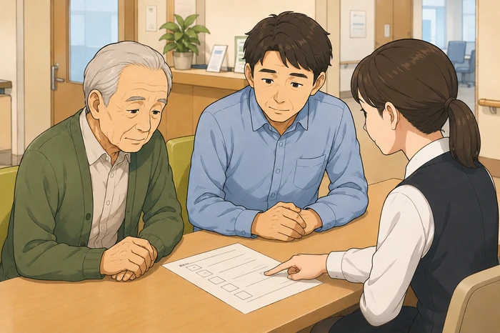 病院の窓口で高齢者と家族が保証人欄と緊急連絡先の違いを説明されている様子を描いた画像