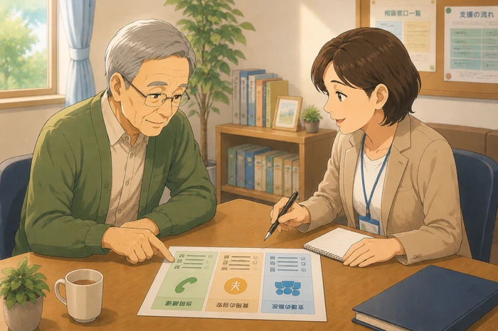葬儀社への連絡や費用、支援範囲を支援員と一緒にチェックする70代男性の相談シーンの画像