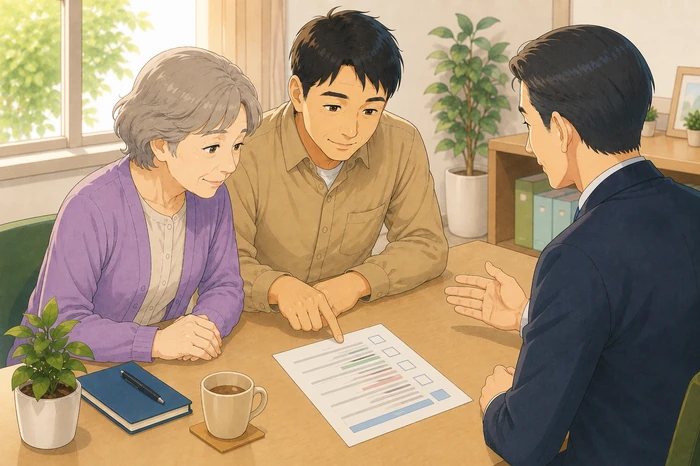 施設の説明を受けながら、緊急連絡や入居後の手続き項目がある簡易チェックリストを見て話し合う高齢の母と中年の息子の画像