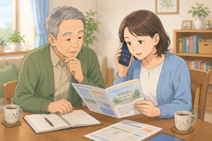 高齢者と子が病院や施設で何を求められているかを電話で問い合わせたり資料を見て確認する茨木市 身元保証の場面画像