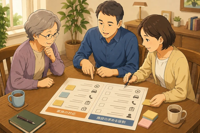 施設が求める役割と家族ができる対応を二列に並べた簡易シートを見ながら話し合う高齢の母と複数の家族の画像