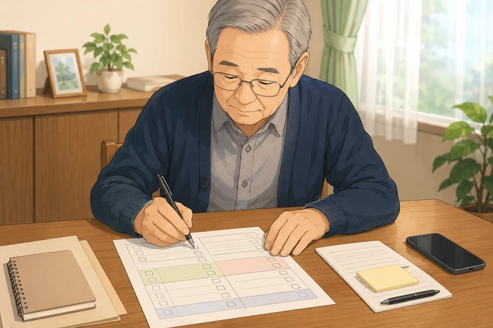 高齢者が自宅のテーブルで『書類・連絡・手続き確認シート』に記入している様子を描いた画像