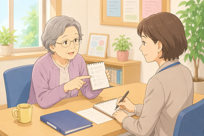 70代女性の高齢者が地域の相談窓口で担当者に向かって具体的な困りごとをメモ付きで伝えている画像