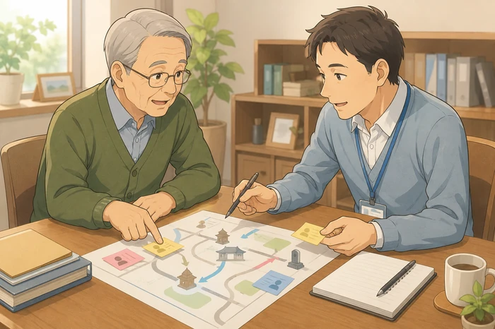 墓所の地図の簡略図を見ながら納骨の連絡や運搬の担当を決める70代男性と支援者の画像