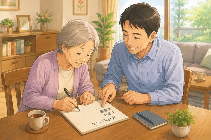 70代の高齢者と50代の息子が居間のテーブルで一緒に『続けたいこと』のメモを書き出している画像
