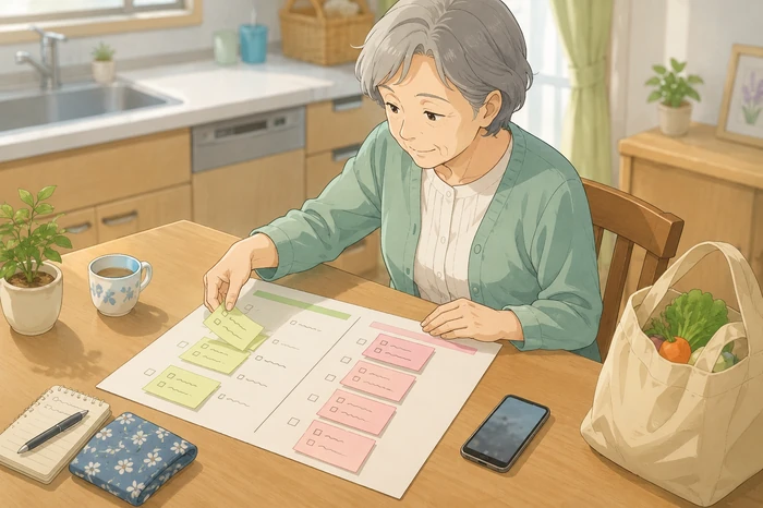 70代の高齢者が台所のテーブルで「自分で続けたいこと」と「頼みたいこと」を付箋やメモで分けて整理している様子の画像