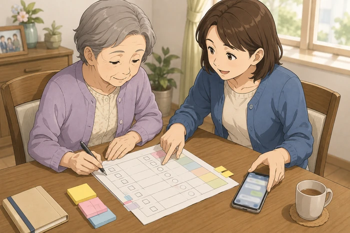 高齢者とその娘が机上の緊急対応確認シートに記入し、隣に置いたスマホで簡単な案内メッセージを送ろうとしている画像