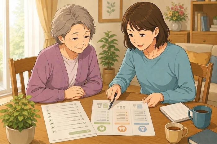 家族が書き出した困りごとのリストと外部事業者のパンフレット(内容は抽象化)を並べて、どこを頼めるかを話し合う中年の娘と高齢の母の画像