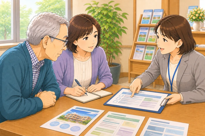 施設の相談テーブルで申込書の身元保証欄を指し示しながら説明する相談員とそれを聞く高齢の親と中年の子どもの画像