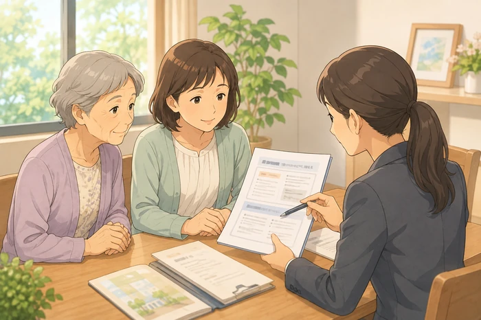 高齢者と子が施設の相談室で職員と契約時の求められる役割と入居後の連絡方法を確認する茨木市 身元保証の場面画像