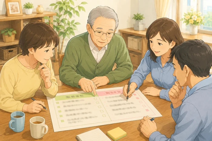高齢者と複数の家族がテーブルで「できること」と「難しいこと」を書き分けるチェックリストを作る茨木市 身元保証の場面画像