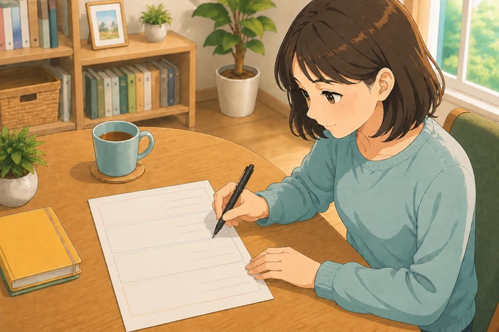家族が確認シートに入院や緊急連絡の担当などを書き込んでいる枚方市の身元保証関連画像