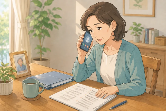 50代の娘がテーブルで親の住所や最近の様子を書いたメモを見ながら電話で相談窓口に説明している場面を描いた画像