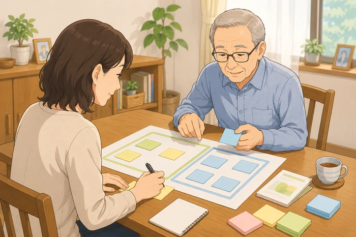 家族が自宅のテーブルでできることと頼みたい支援を分けて付箋に書いている枚方市身元保証サービスの画像