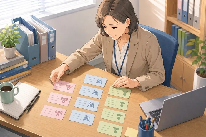 50代の相談員がオフィスのデスクで色付きインデックスカードを並べ、身寄りのない高齢者からよくある質問に答えるための準備をしている画像