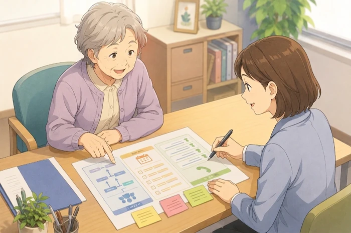 70代の高齢者と支援スタッフが机で連絡先と対応の順序を書き込む用紙を見ながら話し合っている画像