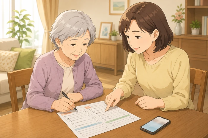 70代の高齢者と50代の家族がテーブルで『生活支援確認シート』の用紙を一緒に見てチェックを入れている画像