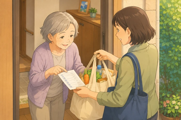70代女性の高齢者が自宅の玄関先で、支援者が持ってきた重い食料品袋を受け取りながら買い物のリストを指差して確認している画像