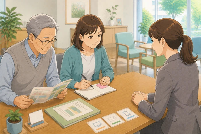 老人ホーム見学時に受付で申込書の身元保証に関する項目を職員に説明される高齢の夫婦と中年の娘が一緒にいる様子の画像