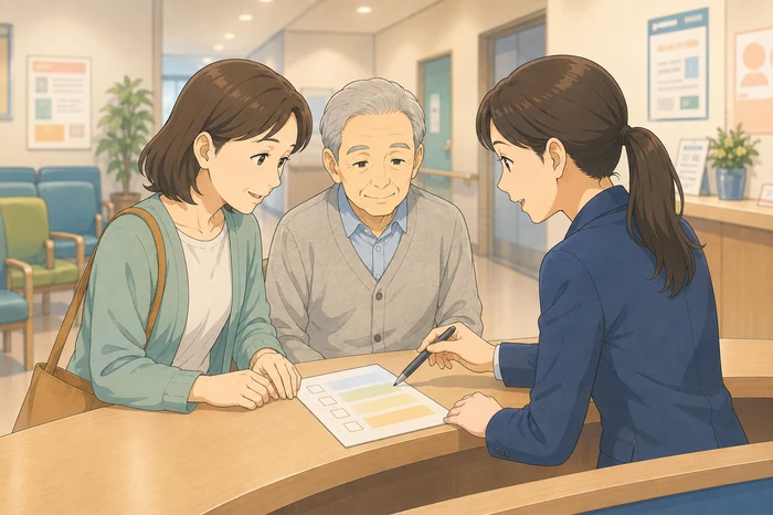 病院の受付で家族と支援者が入院時の連絡・現地対応・支払い担当を確認している枚方市身元保証サービスの画像