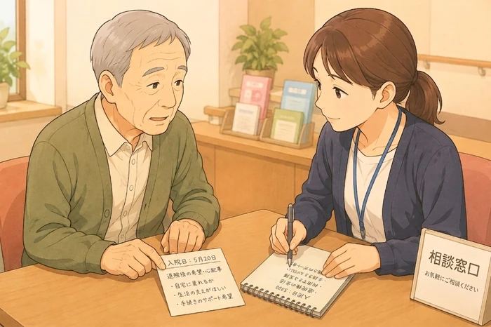 病院の相談カウンターで入院日が書かれたメモを机に置き、医療ソーシャルワーカー風の担当者と入院後の見通しを話し合う高齢者の様子、身寄りのない高齢者 公的支援相談画像
