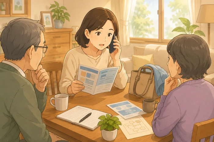 娘が電話を左耳に当てながら、机上の緊急対応メモに今日中に動ける人を書き込んでいる画像